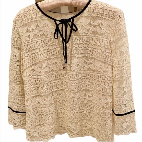 Talbots Cream Lace Top with Velvet Tie Trim XS - Picture 1 of 4